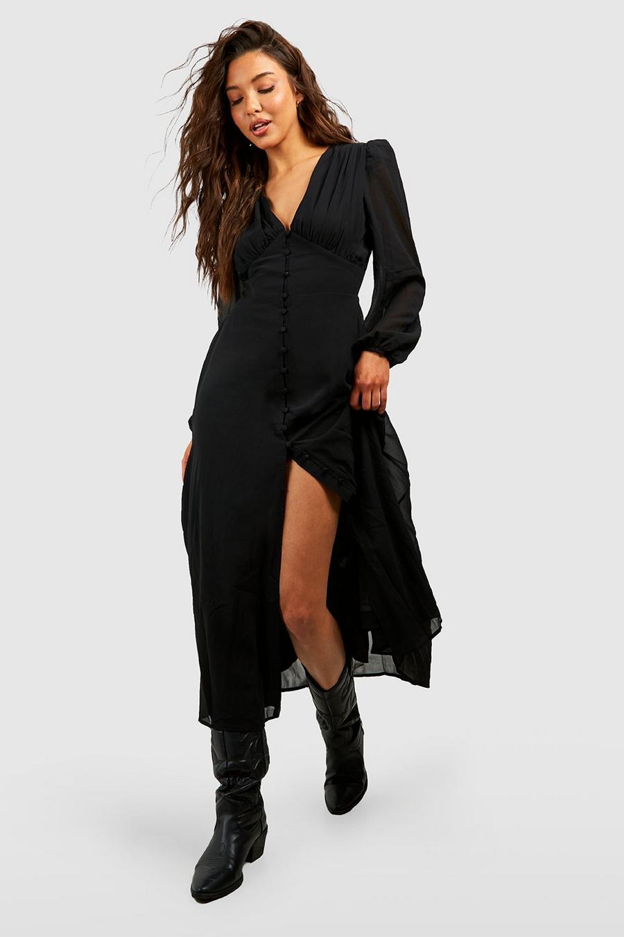 Black Puff Sleeve Button Through Midi Dress