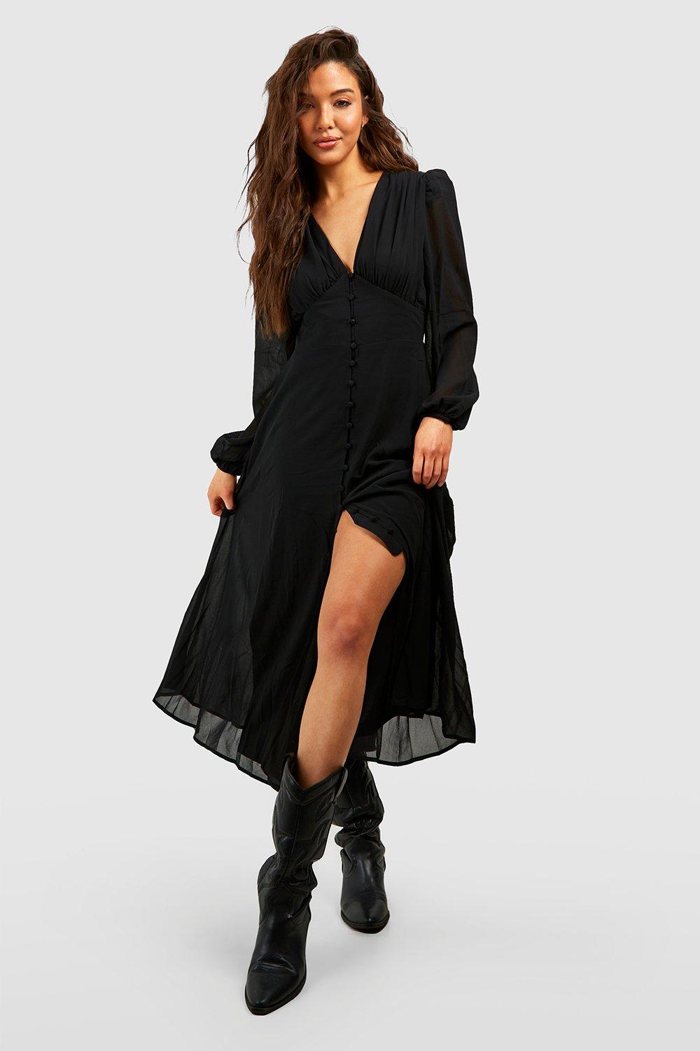 Puff Sleeve Button Through Midi Dress