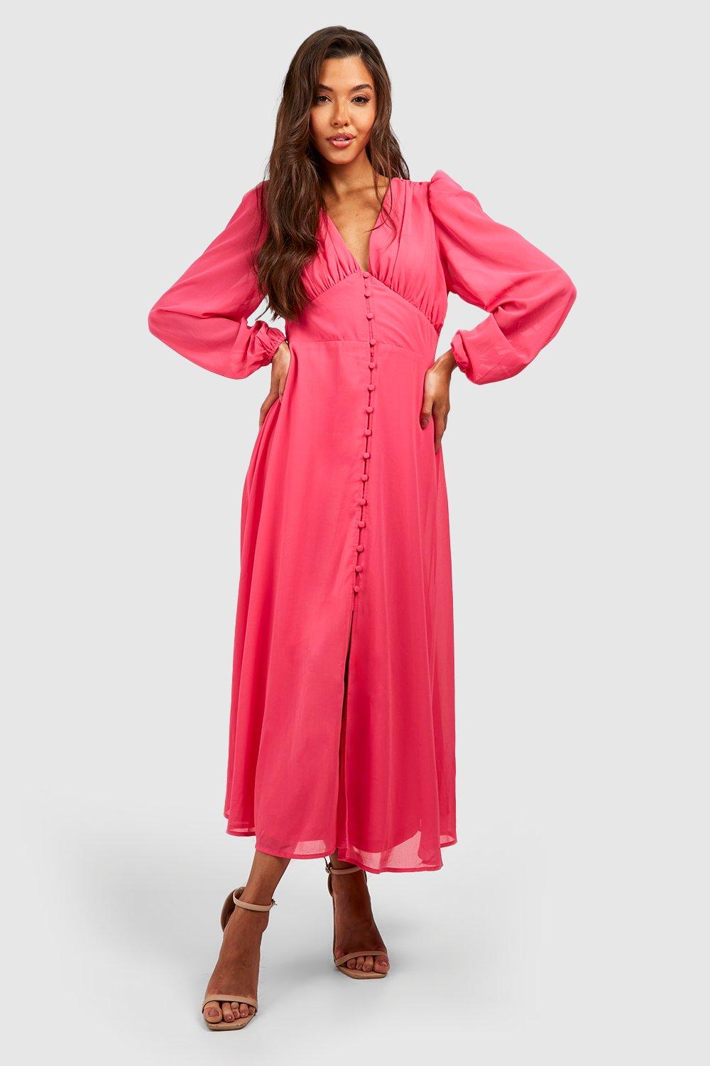 Puff Long Sleeve Button Midi Dress Pink