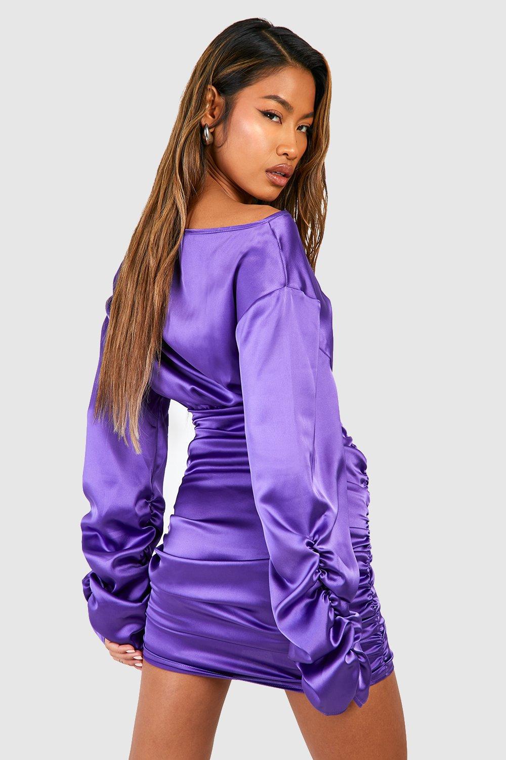 Women's Satin Ruched Volume Sleeve Mini Dress