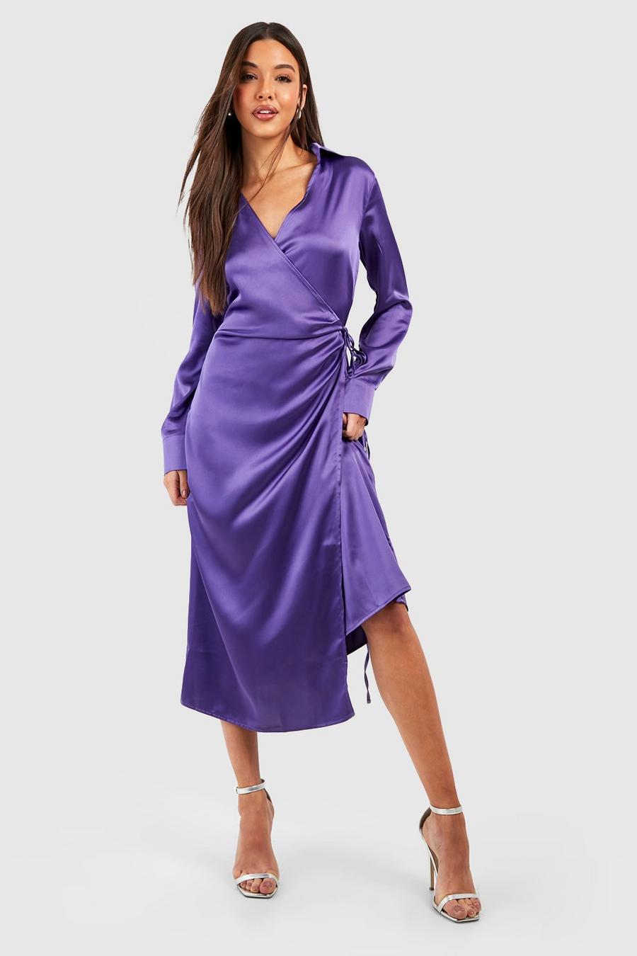 Purple Satin Wrap Shirt Midi Dress