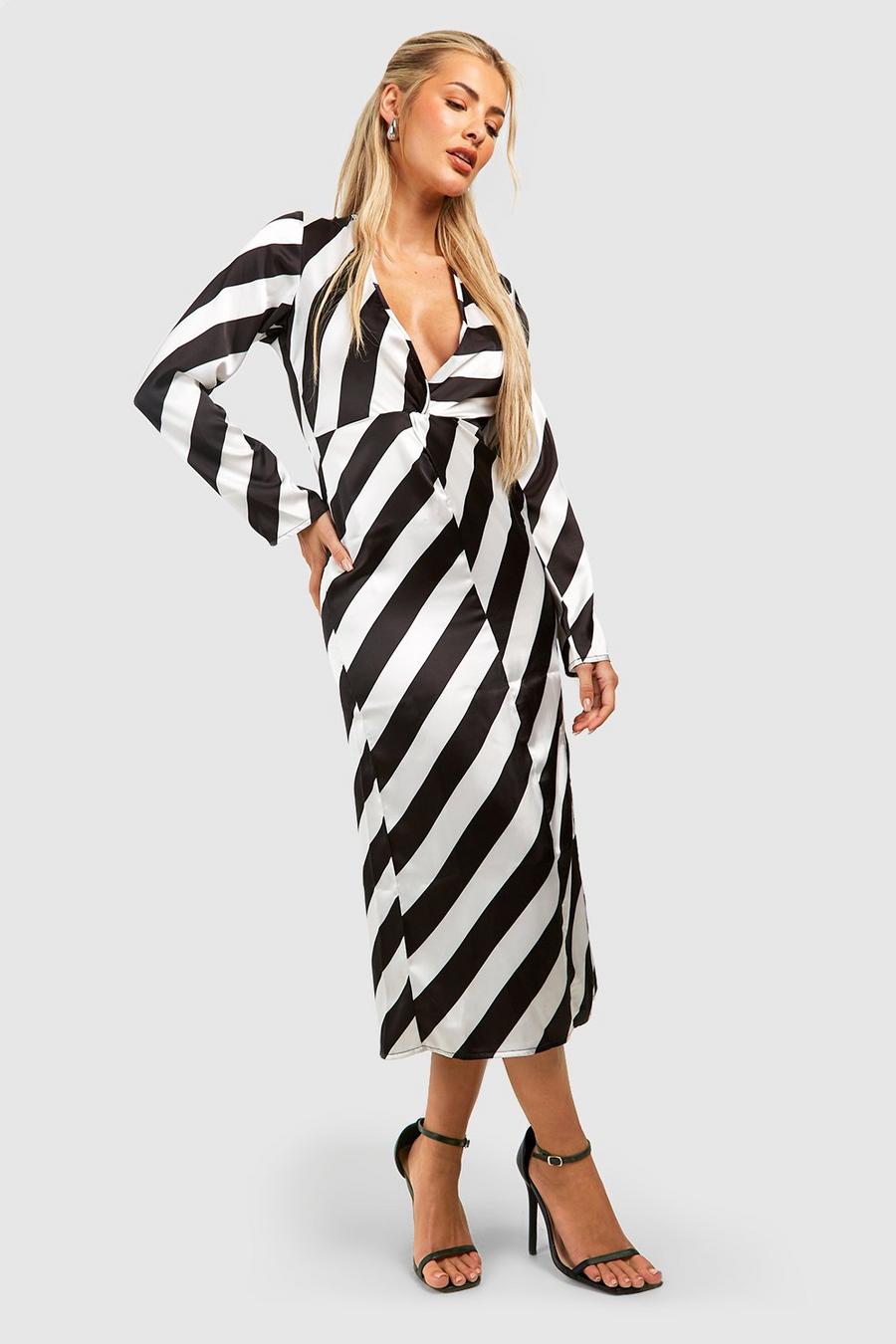 Black Stripe Satin Twist Front Midi Dress
