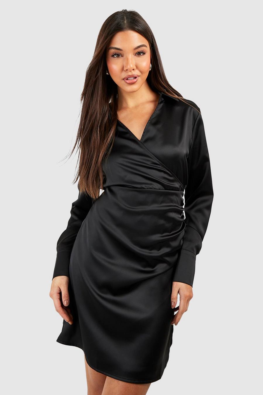 Black Satin Wrap Shirt Dress