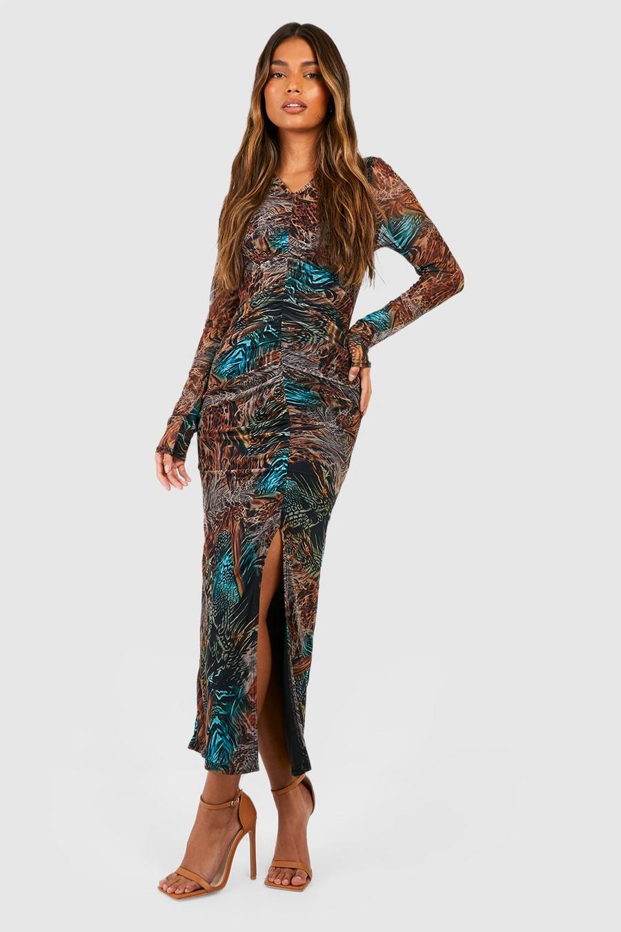 Brown Abstract Animal Meshruched Midaxi Dress image number 1