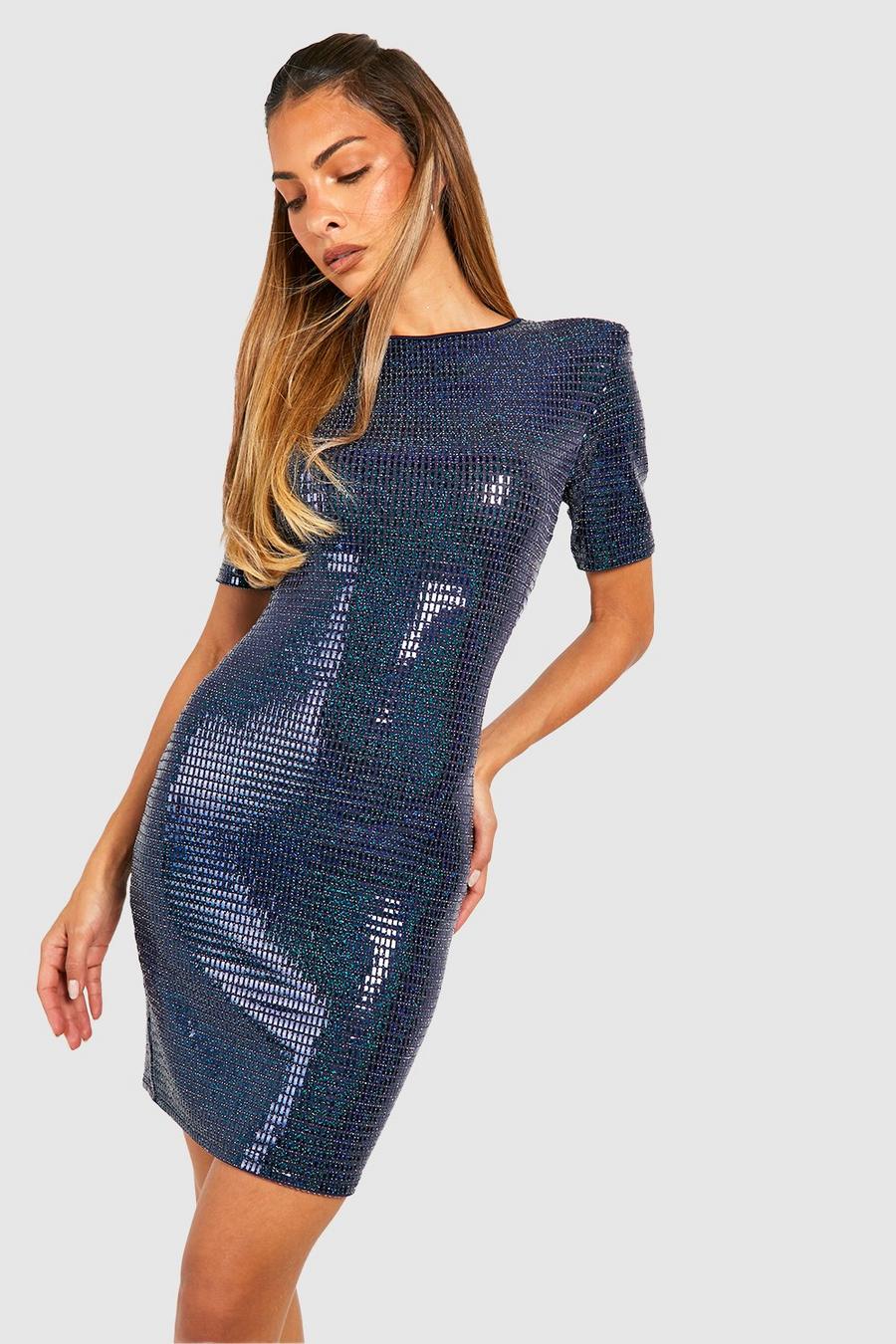 Blue Sequin Shoulder Pad T-shirt Dress