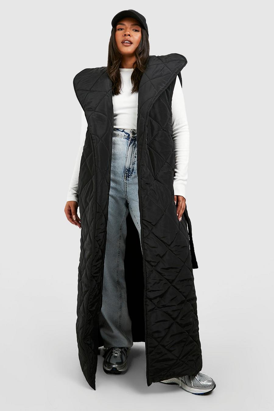Black Plus Diamond Puffer Belted Maxi Gilet  image number 1
