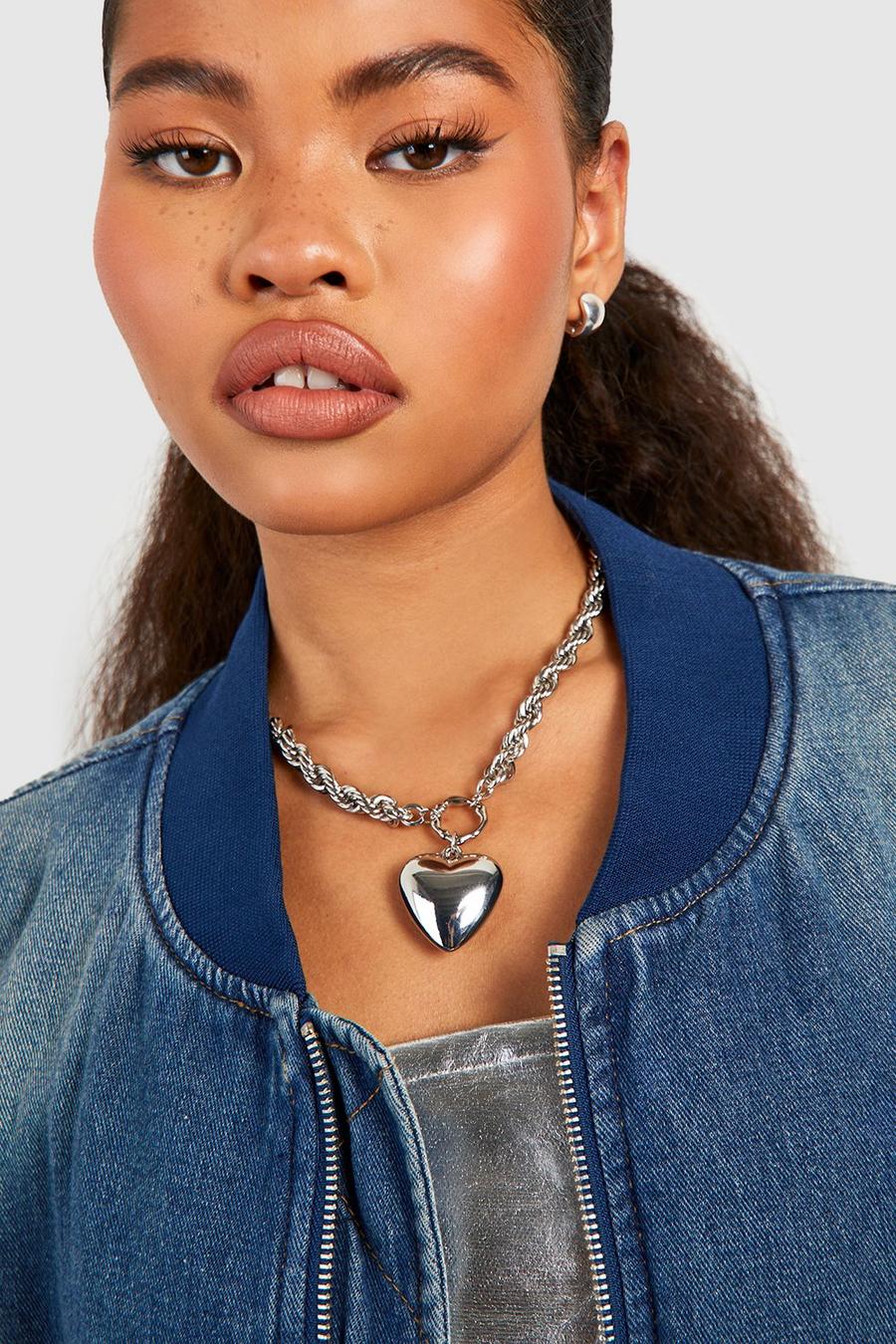 Silver Heart Pendant Statement Necklace 