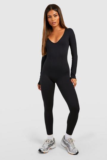 Naadloze Geribbelde Contour Unitard Met Lage Ronde Hals En Lange Mouwen black