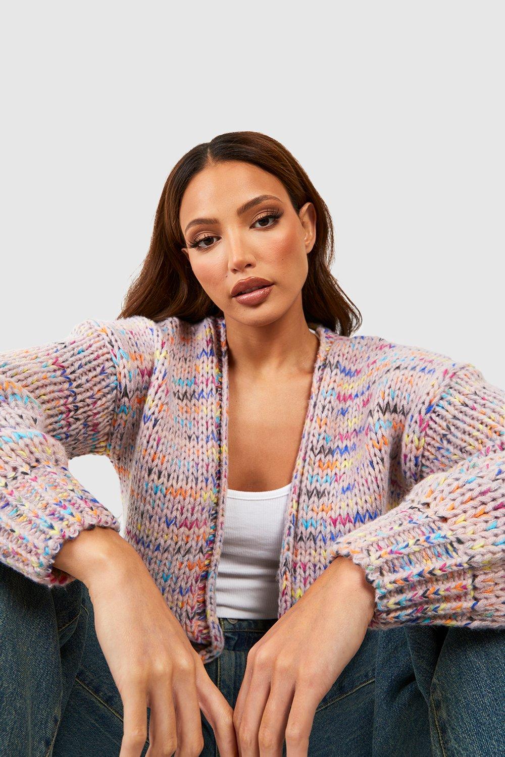 Women s Tall Premium Chunky Knit Rainbow Cardigan Boohoo UK