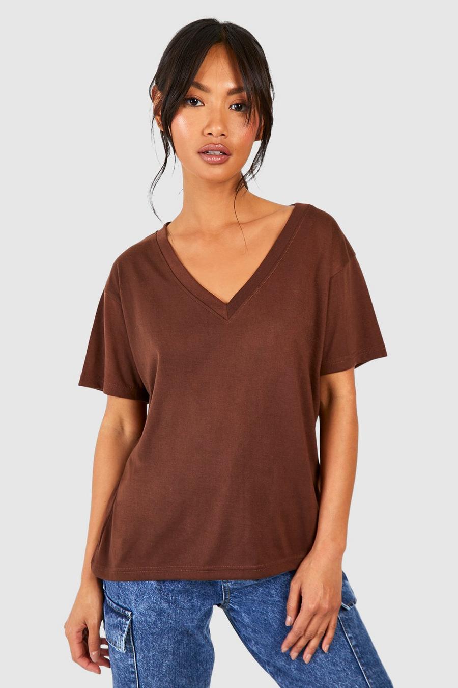 Camiseta básica de algodón con escote de pico, Chocolate image number 1