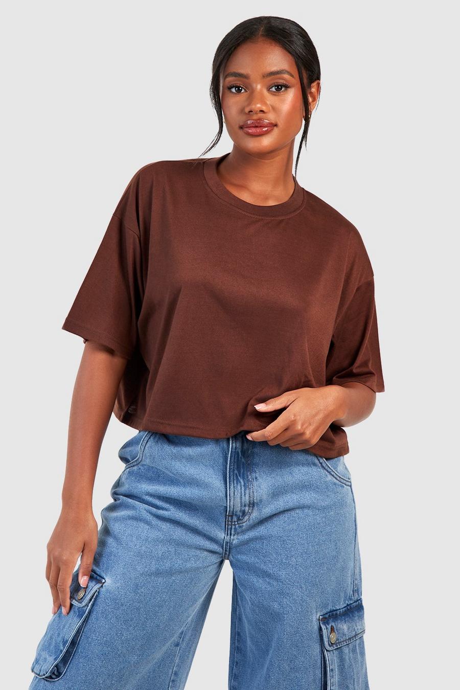 Camiseta básica crop recta de algodón, Chocolate image number 1