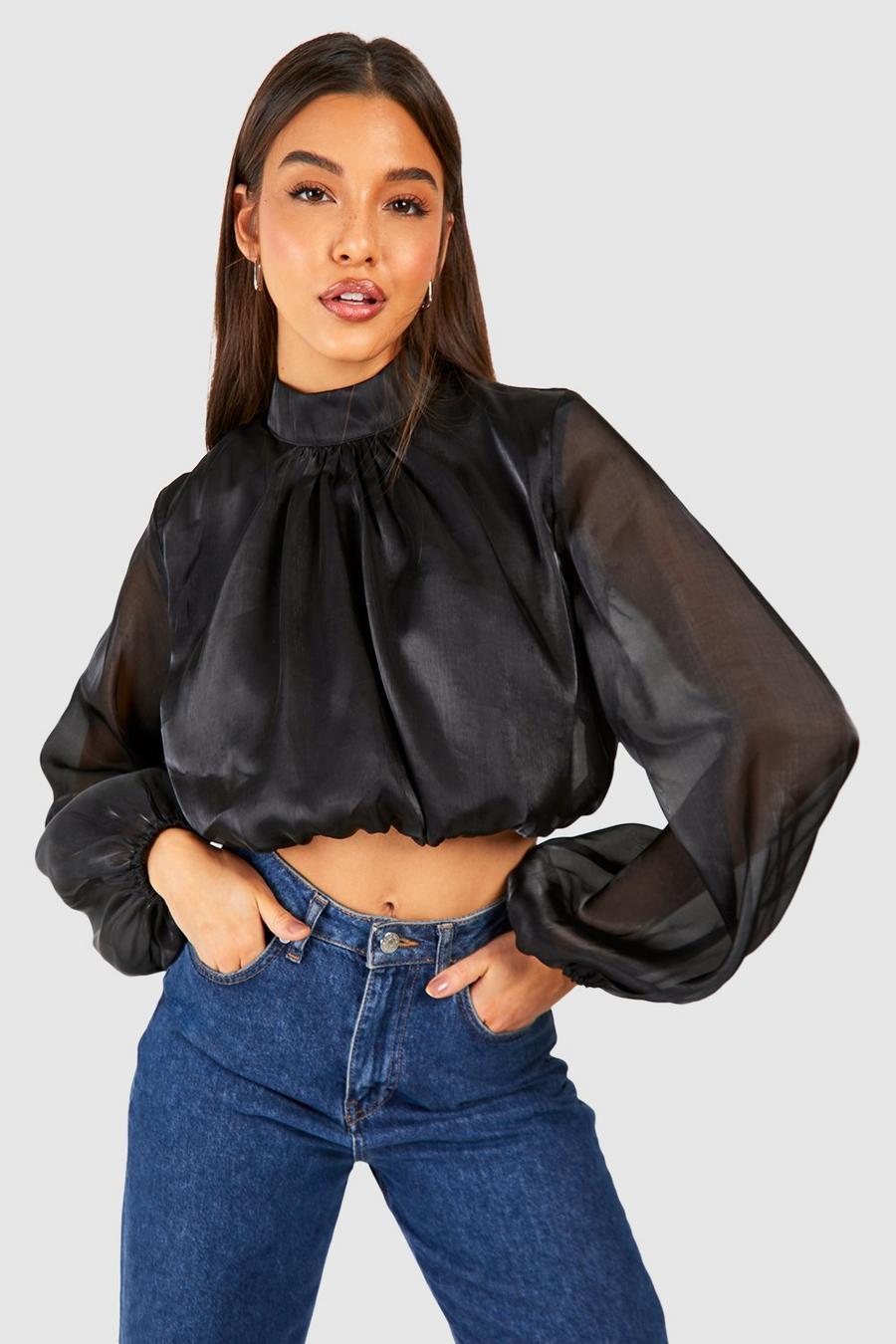 Blusa de organdí con cuello alto y mangas de globo, Black image number 1