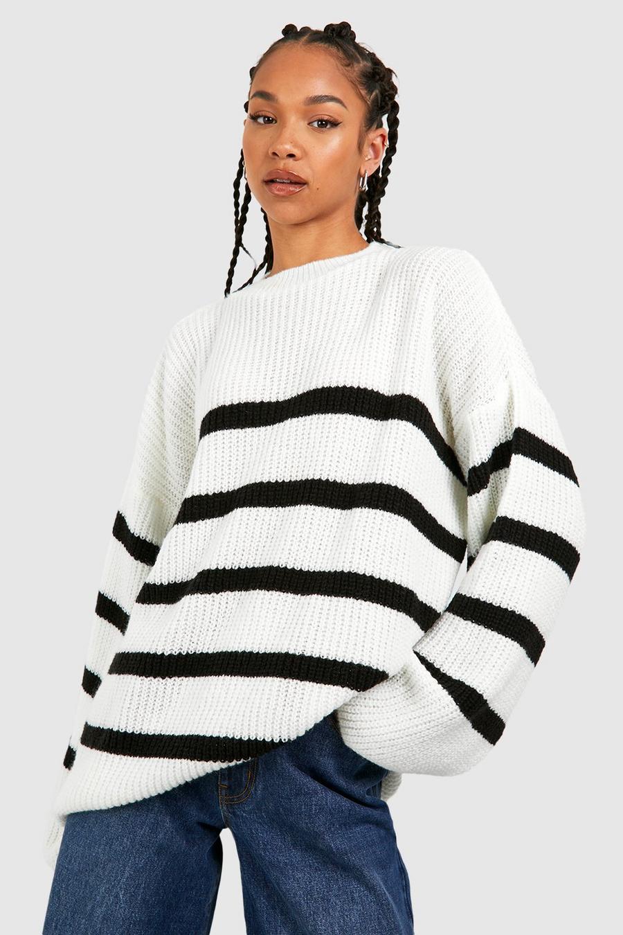 Tall gestreifter hochgeschlossener Pullover mit weiten Ärmeln, Cream image number 1