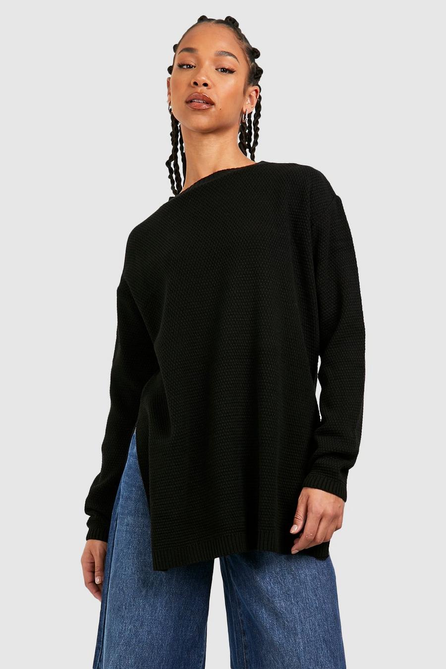 Black Tall Side Split Moss Stitch Tunic Sweater image number 1