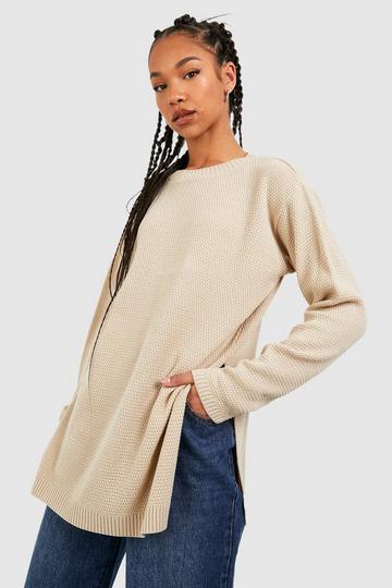 Tall Side Split Moss Stitch Tunic Sweater stone