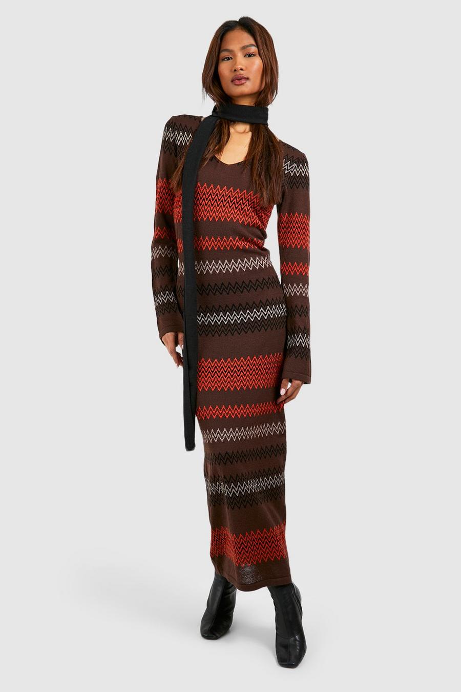 Chocolate marrone Tall Zig Zag Fine Gauge Floaty Knitted Maxi Dress