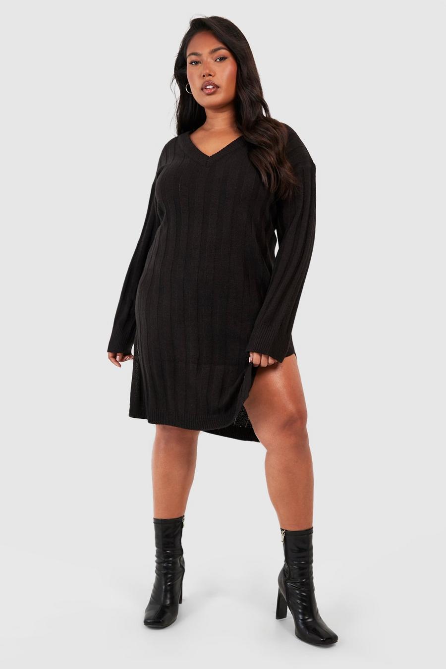 Black Plus V-ringad stickad klänning med ledig passform image number 1