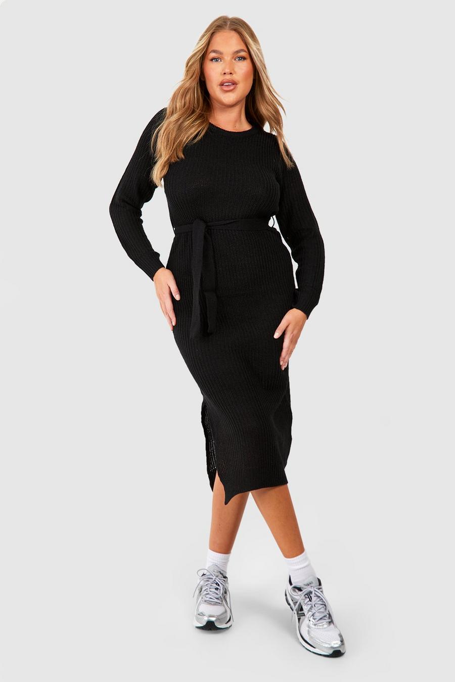 Black Plus Crew Neck Belted Knitted Sweater Dress