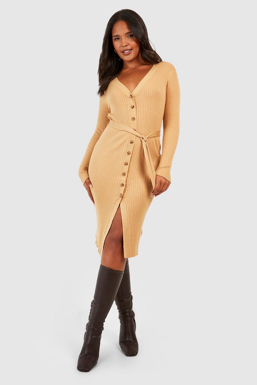 Stone beige Plus Button Front Belted Jumper Dress