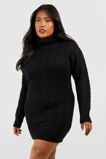 Plus Turtleneck Cable Knit Sweater Dress black