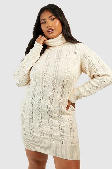 Cream White Plus Turtleneck Cable Knit Sweater Dress