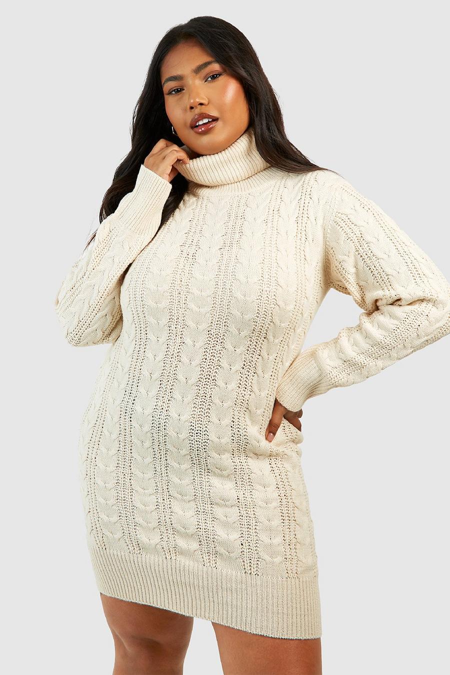 Cream Plus Turtleneck Cable Knit Sweater Dress