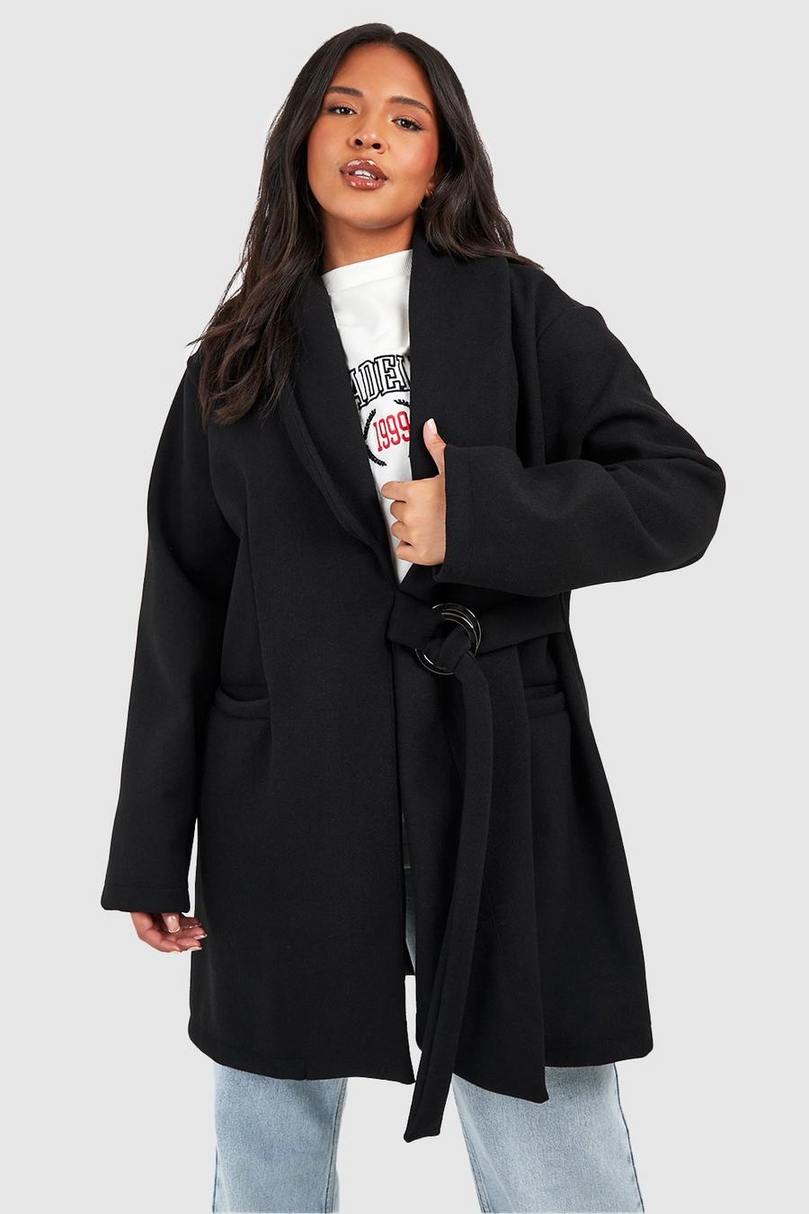 Cappotto Plus Size Premium effetto lana con colletto, Black