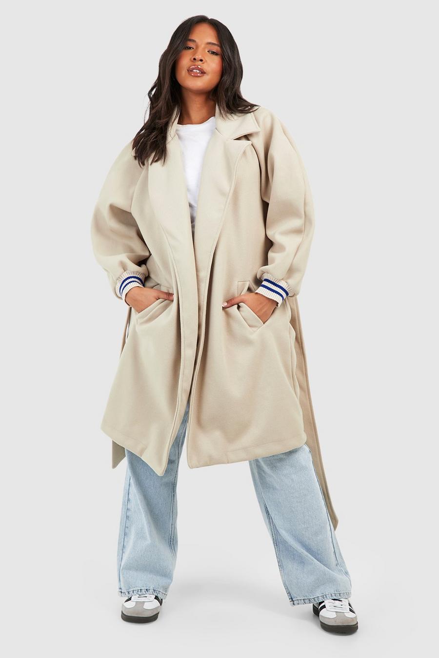 Cappotto Plus Size effetto lana a righe a contrasto con cintura, Cream