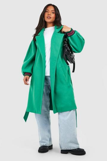 Green Plus Wool Look Belted Contrast Stripe Coat