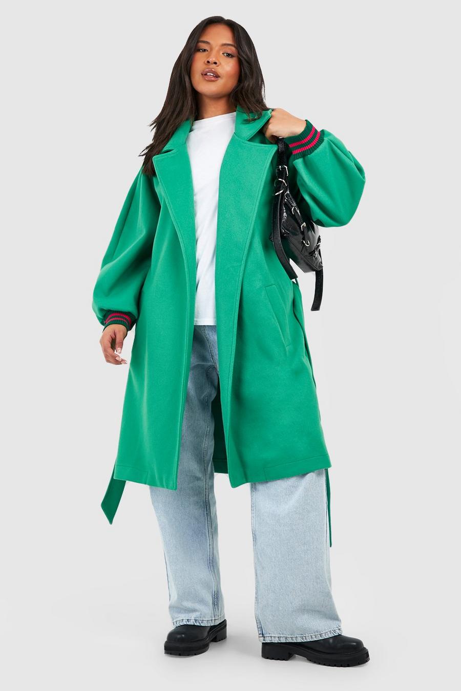 Cappotto Plus Size effetto lana a righe a contrasto con cintura, Green