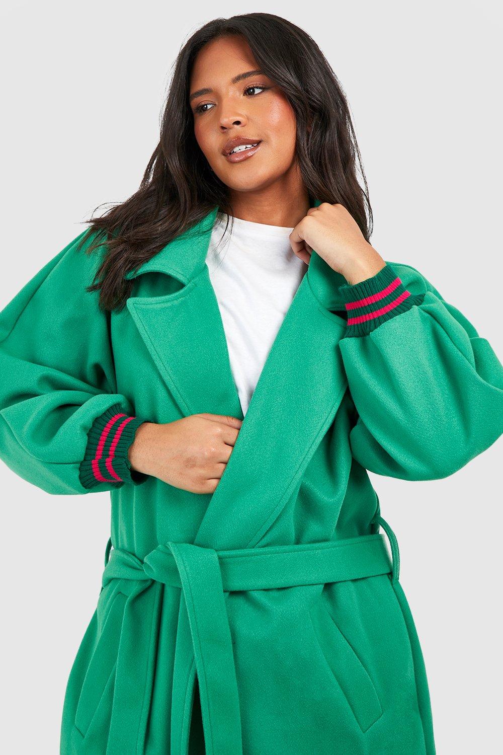 Women s Plus Wool Look Belted Contrast Stripe Coat Boohoo UK