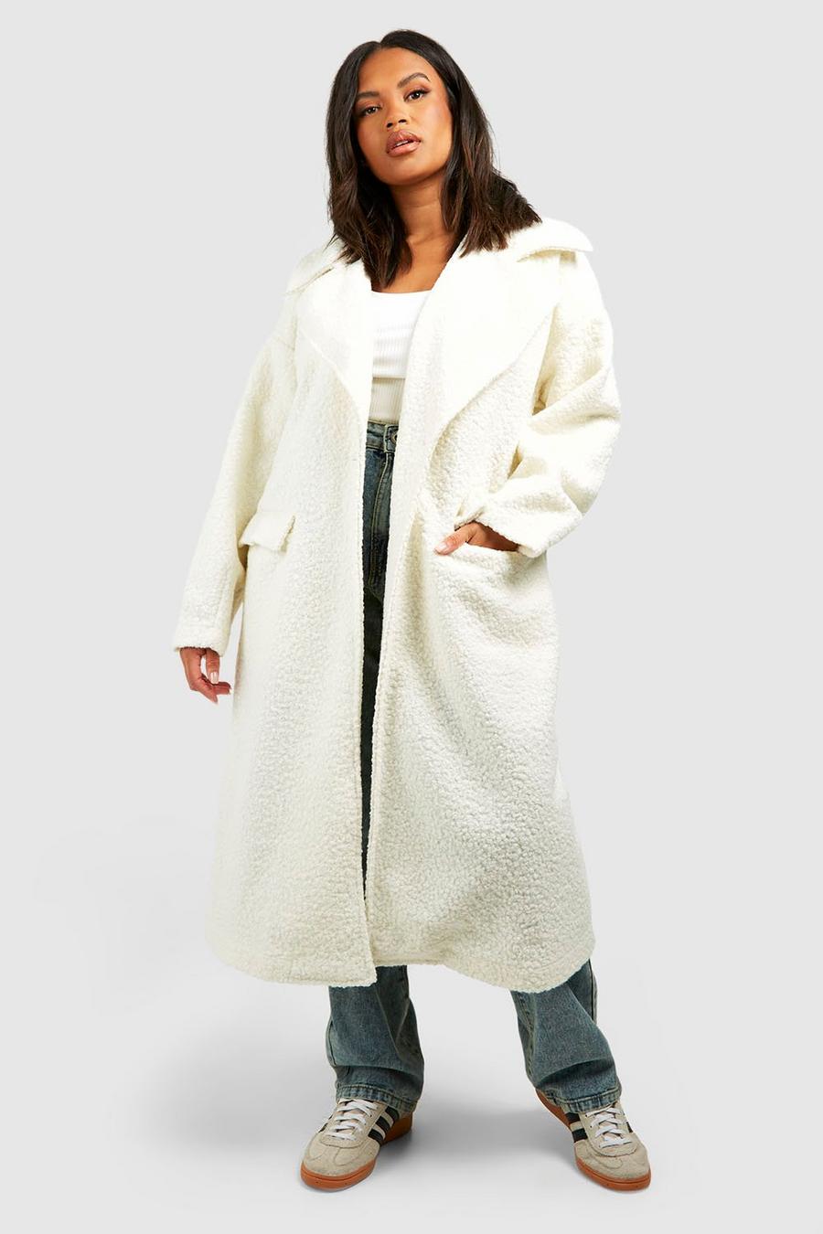 Cappotto Plus Size con colletto in pelliccia sintetica morbida, Cream image number 1