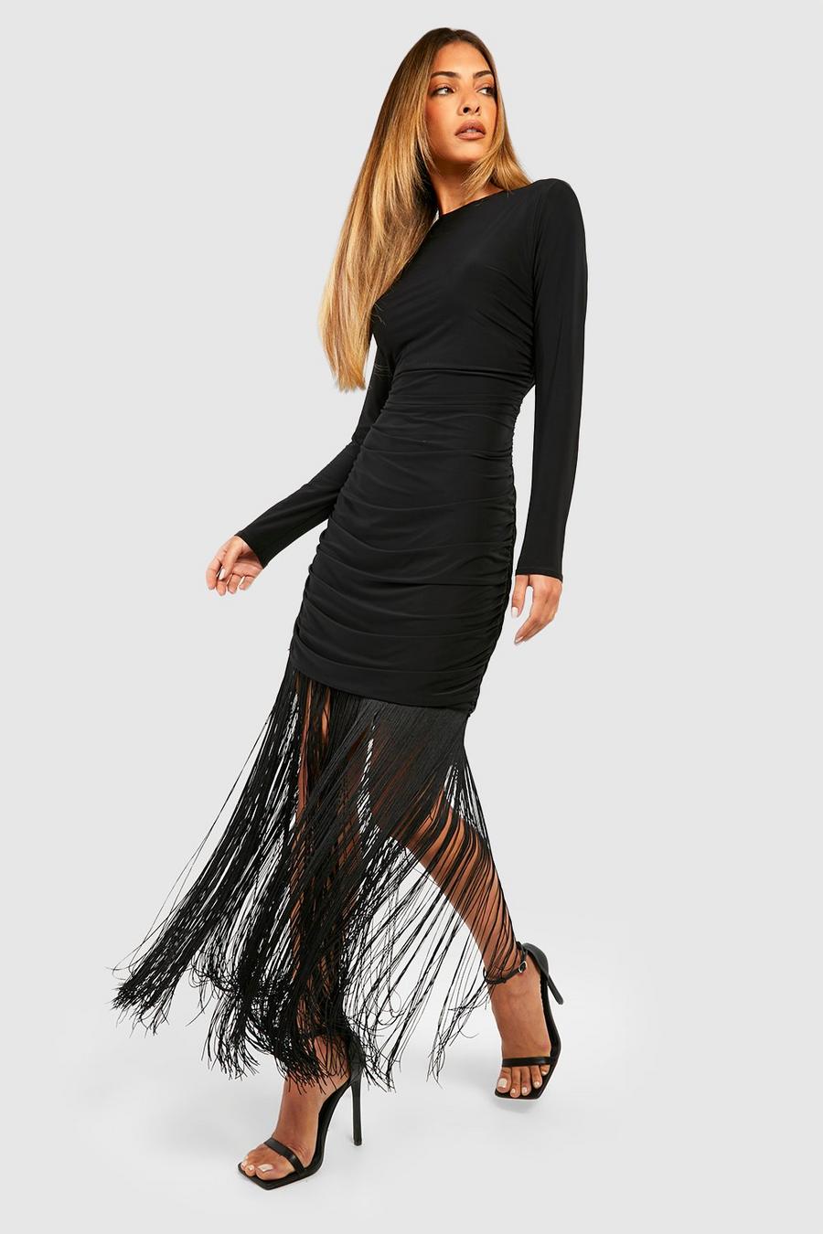 Black Double Slinky Ruched Tassel Mini Dress image number 1