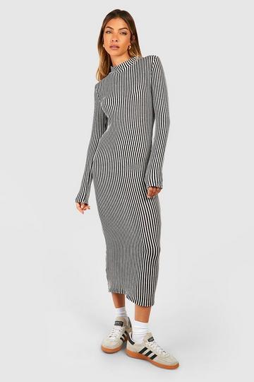 Stone Beige Stripe Rib High Neck Midi Dress