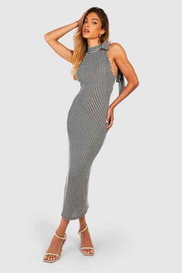 Stone Beige Stripe Rib Tie Neck Midi Dress