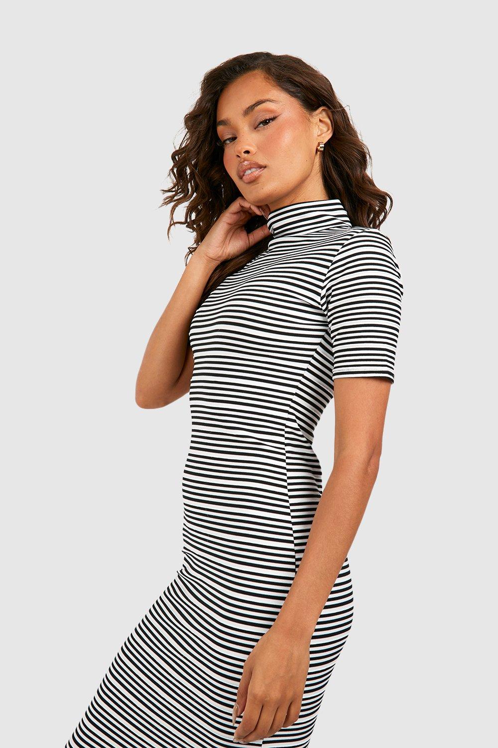 Stripe Bandage High Neck Midaxi Dress