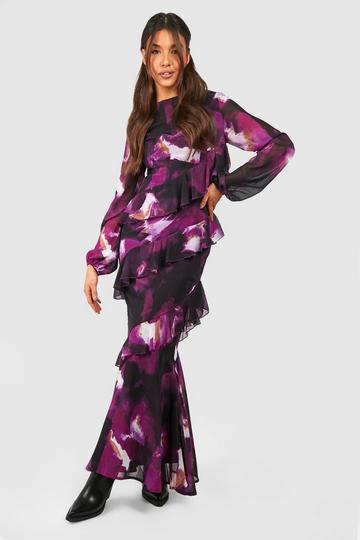Abstract Chiffon Ruffle Maxi Dress purple