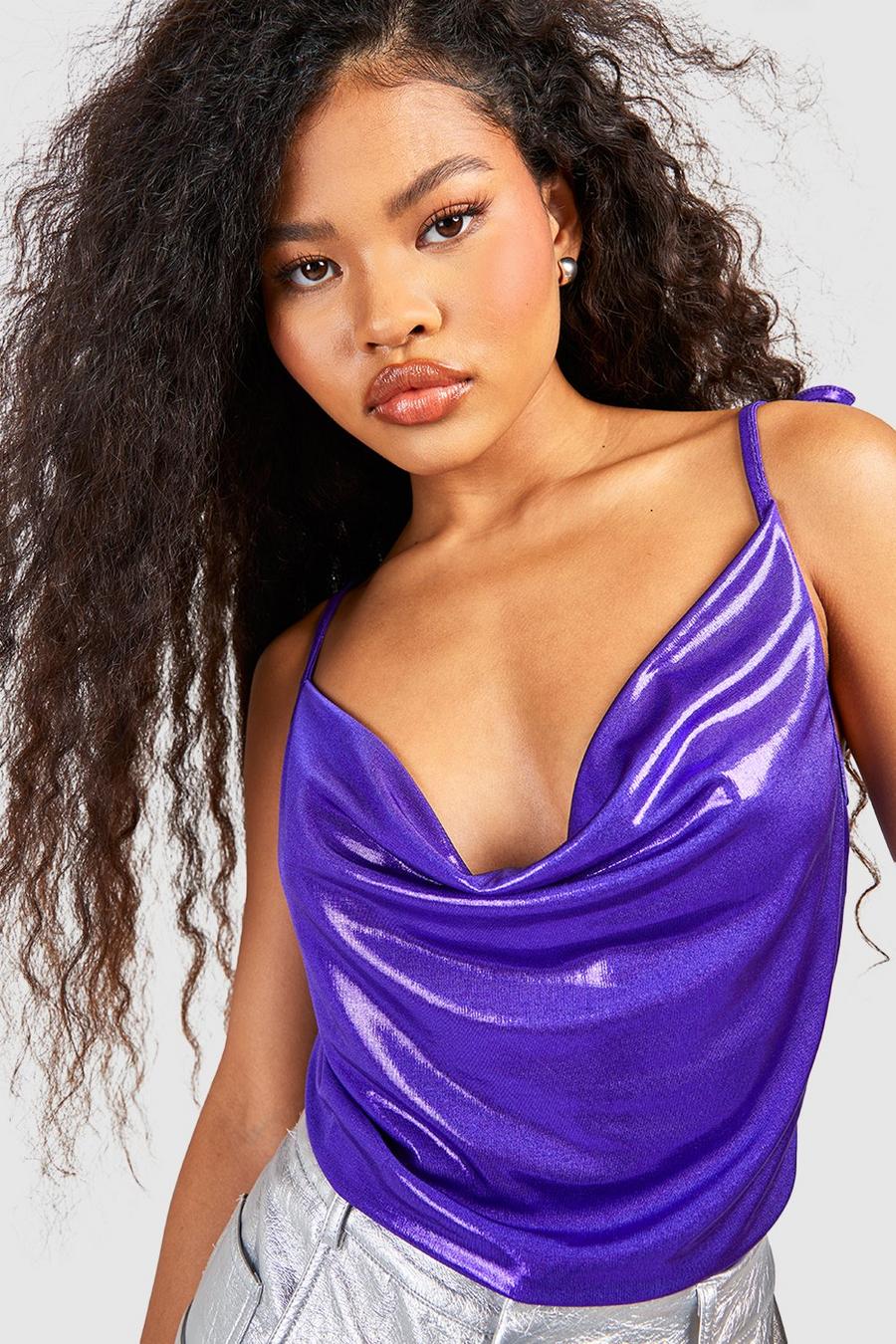Jewel purple Linne i metallicfärg med draperad halsringning image number 1