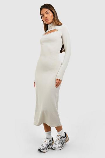 Stone Beige Compact Rib Turtleneck Cut Out Midi Dress