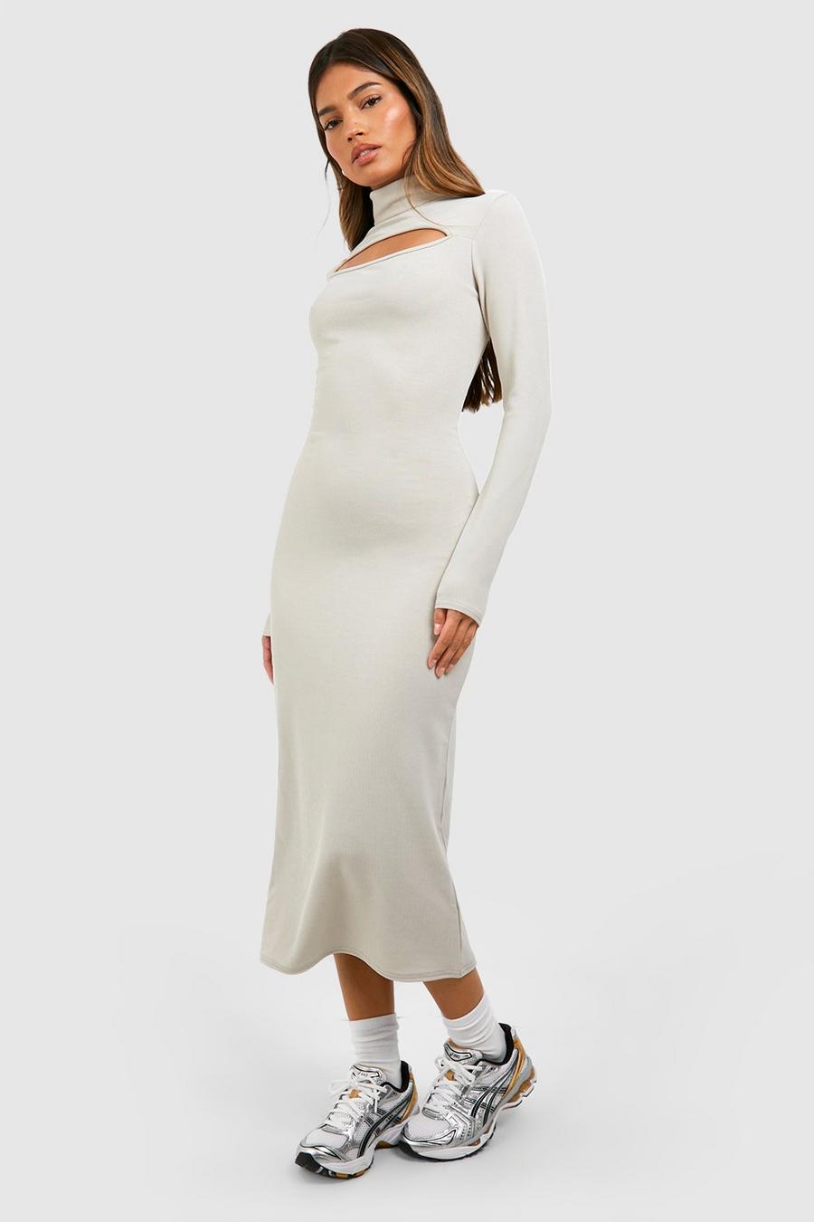 Stone Compact Rib Turtleneck Cut Out Midi Dress image number 1