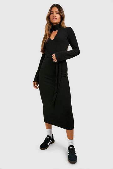 Black Ripple Rib Cut Out Roll Neck Midaxi Dress