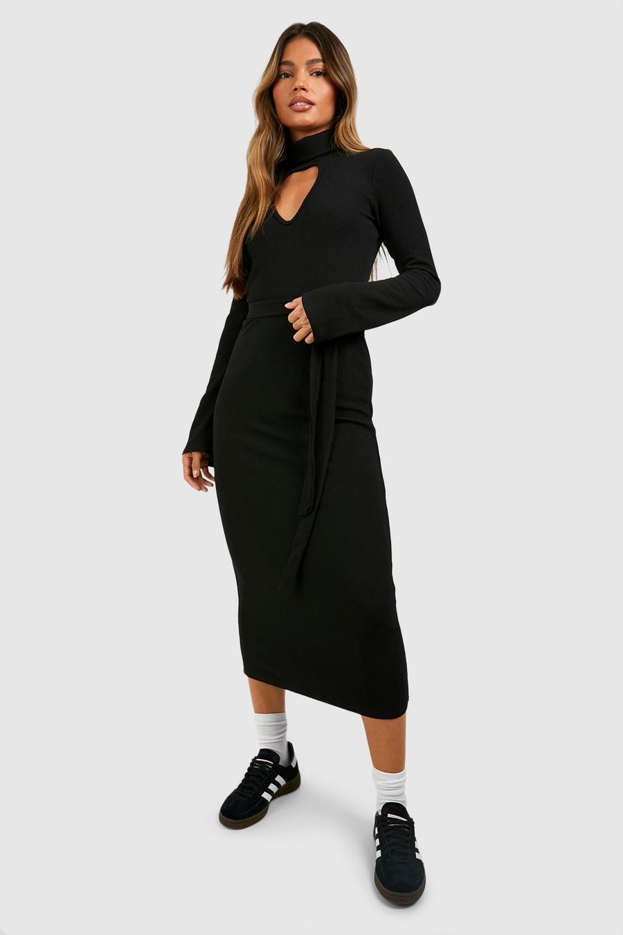 Black Ripple Rib Cut Out Roll Neck Midaxi Dress image number 1