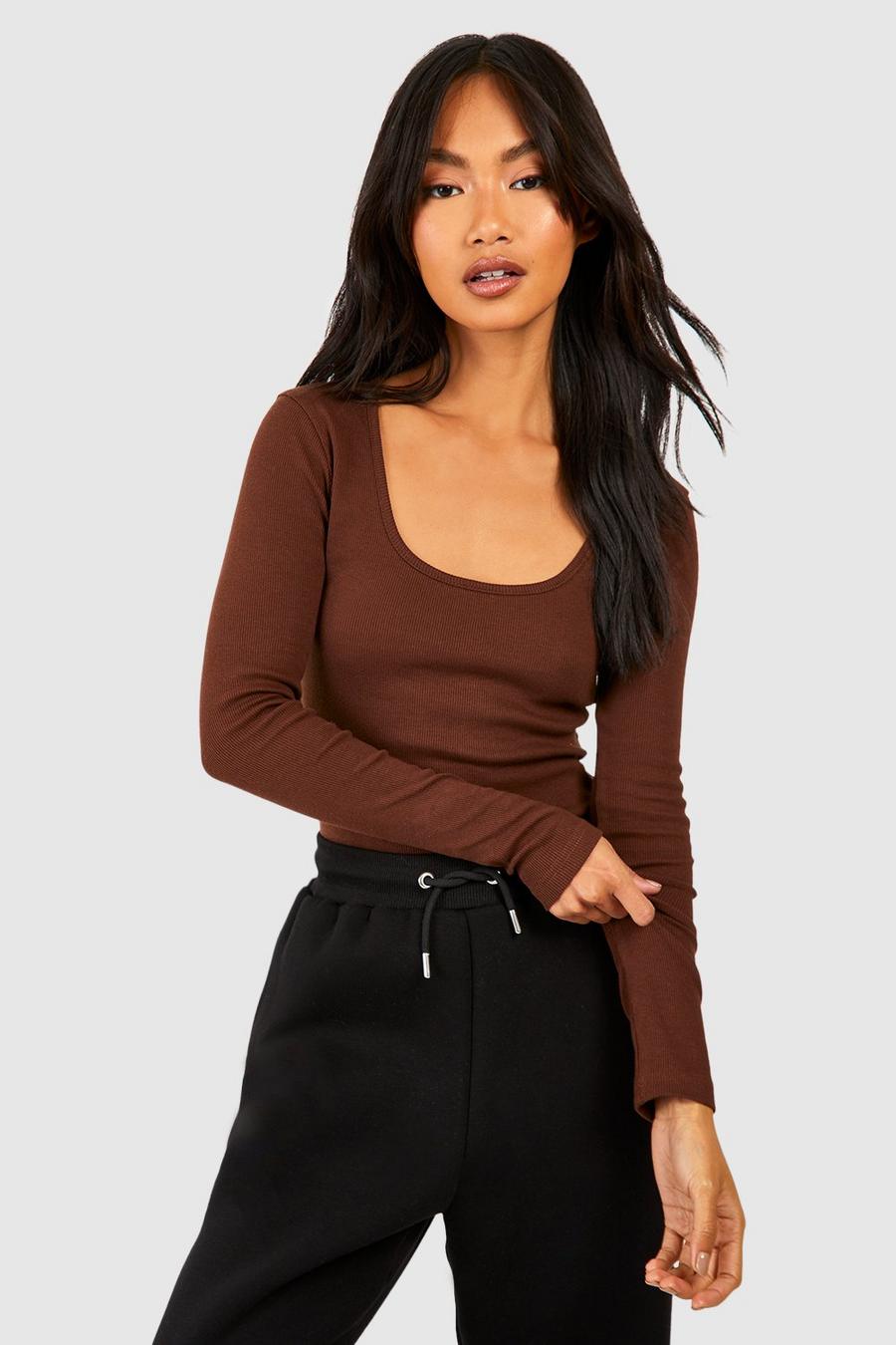 Chocolate Basic Rib Extreme Scoop Neck Bodysuit 