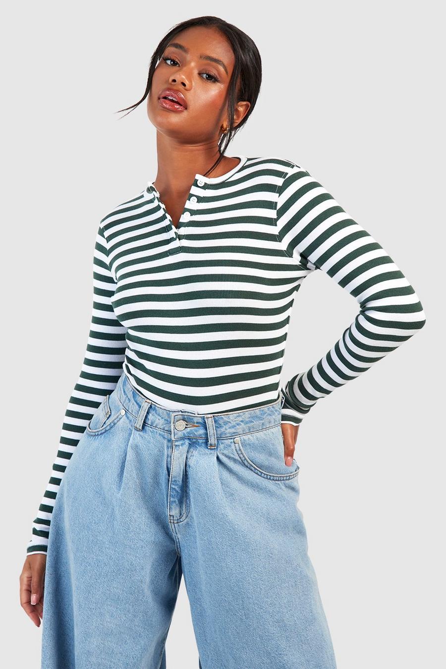Green Basic Rib Button Down Long Sleeve Striped Bodysuit  image number 1
