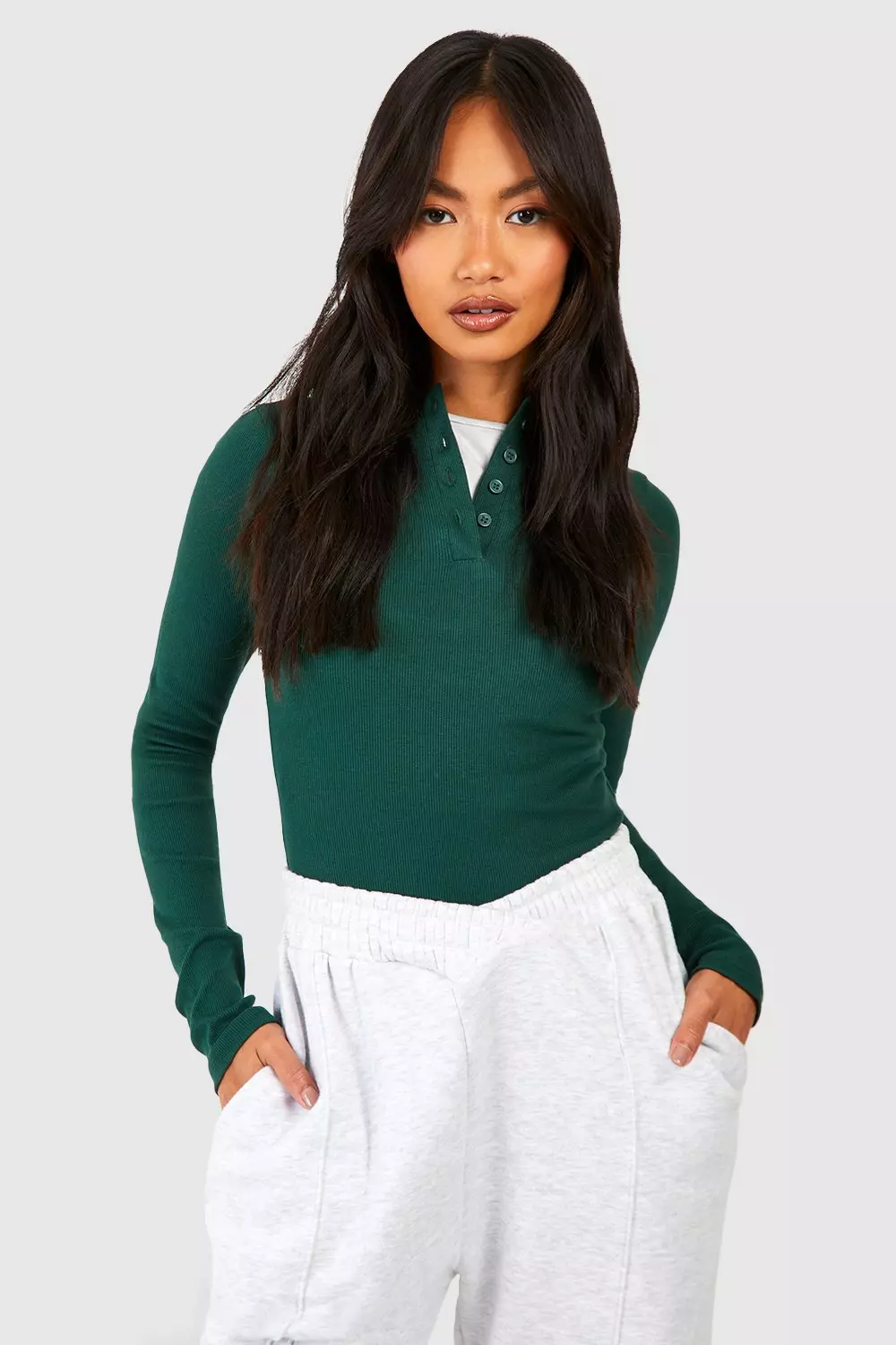 Forest Basic Rib Button Down Long Sleeve Bodysuit   alternative image