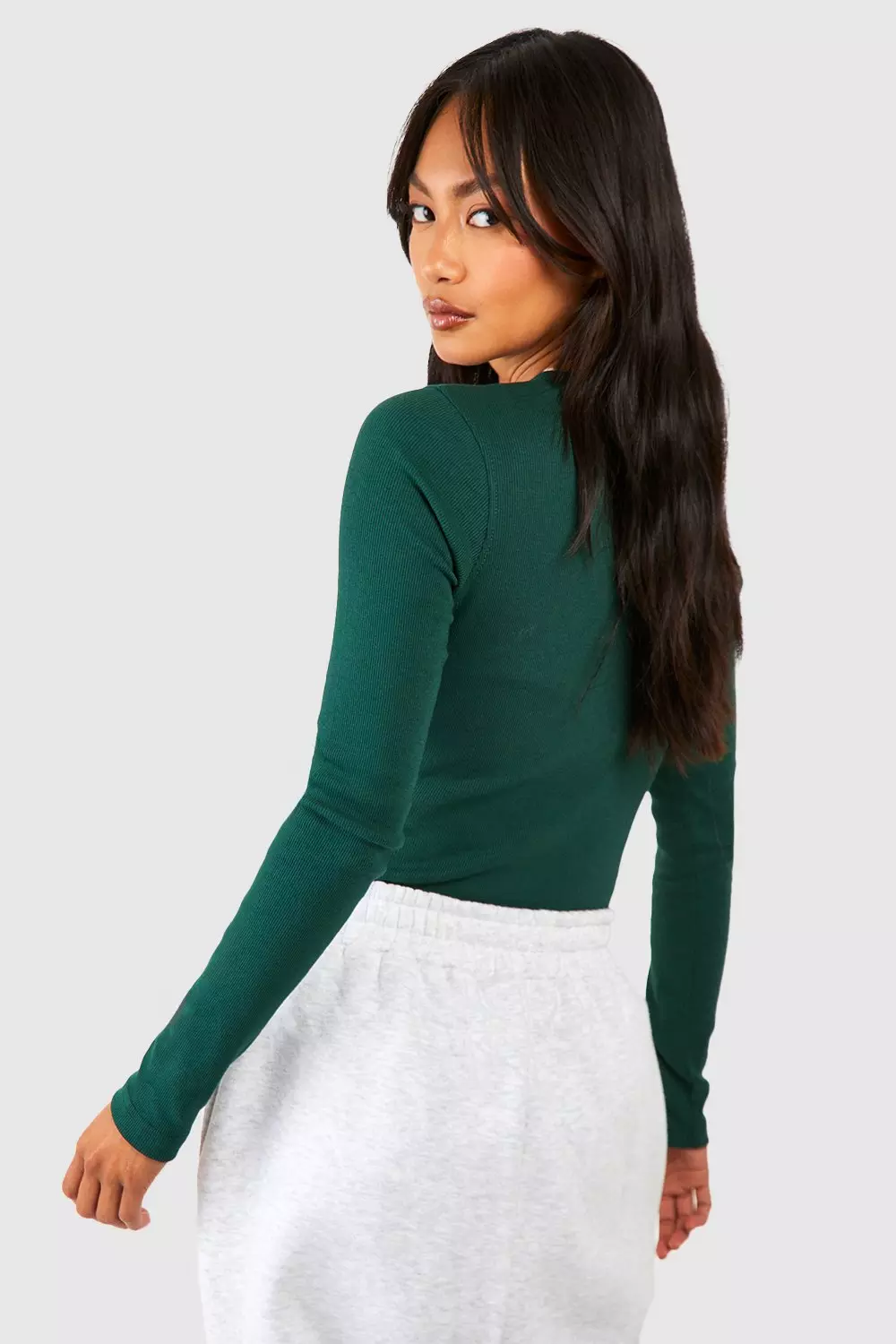 Forest Basic Rib Button Down Long Sleeve Bodysuit   alternative image