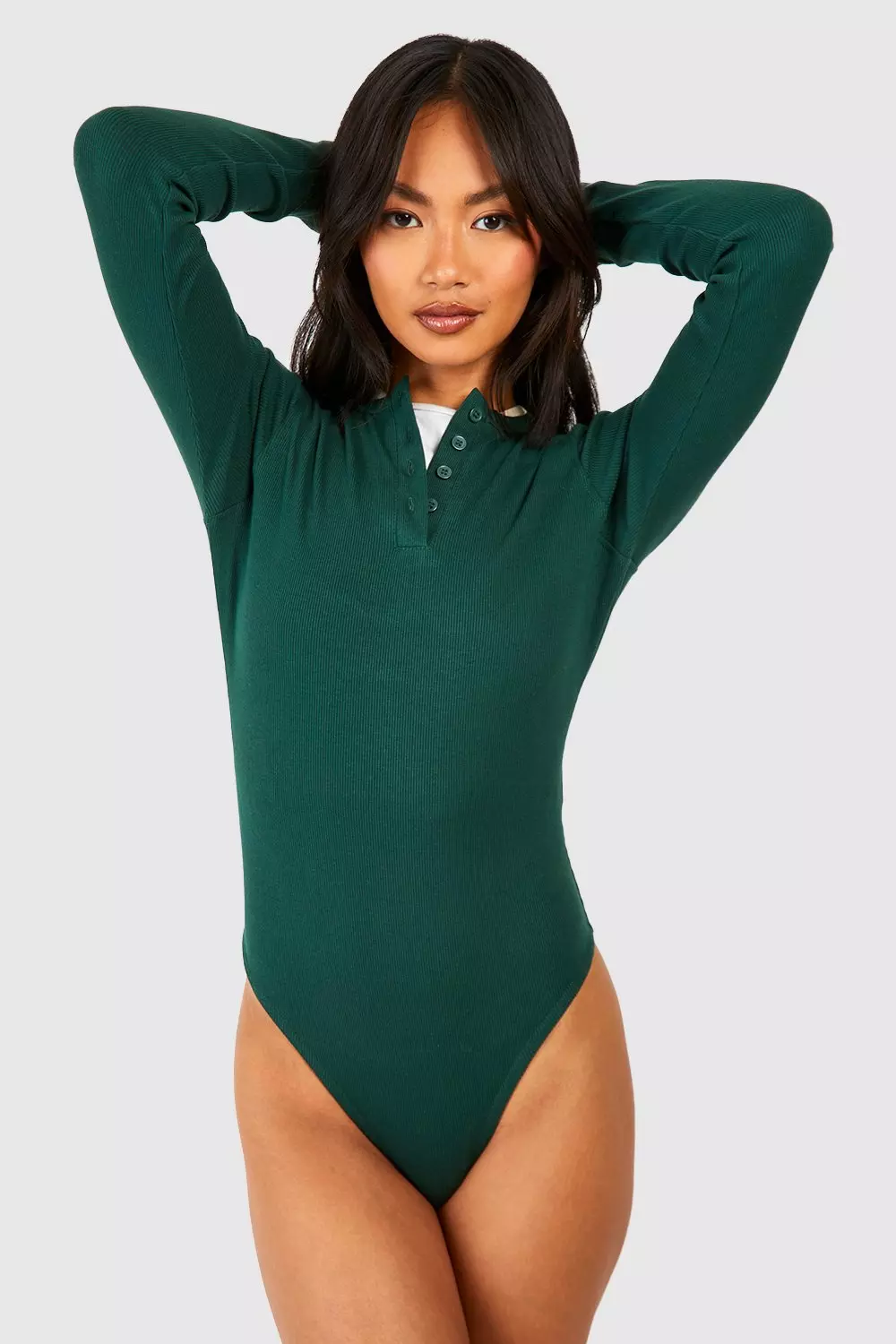 Forest Basic Rib Button Down Long Sleeve Bodysuit   alternative image