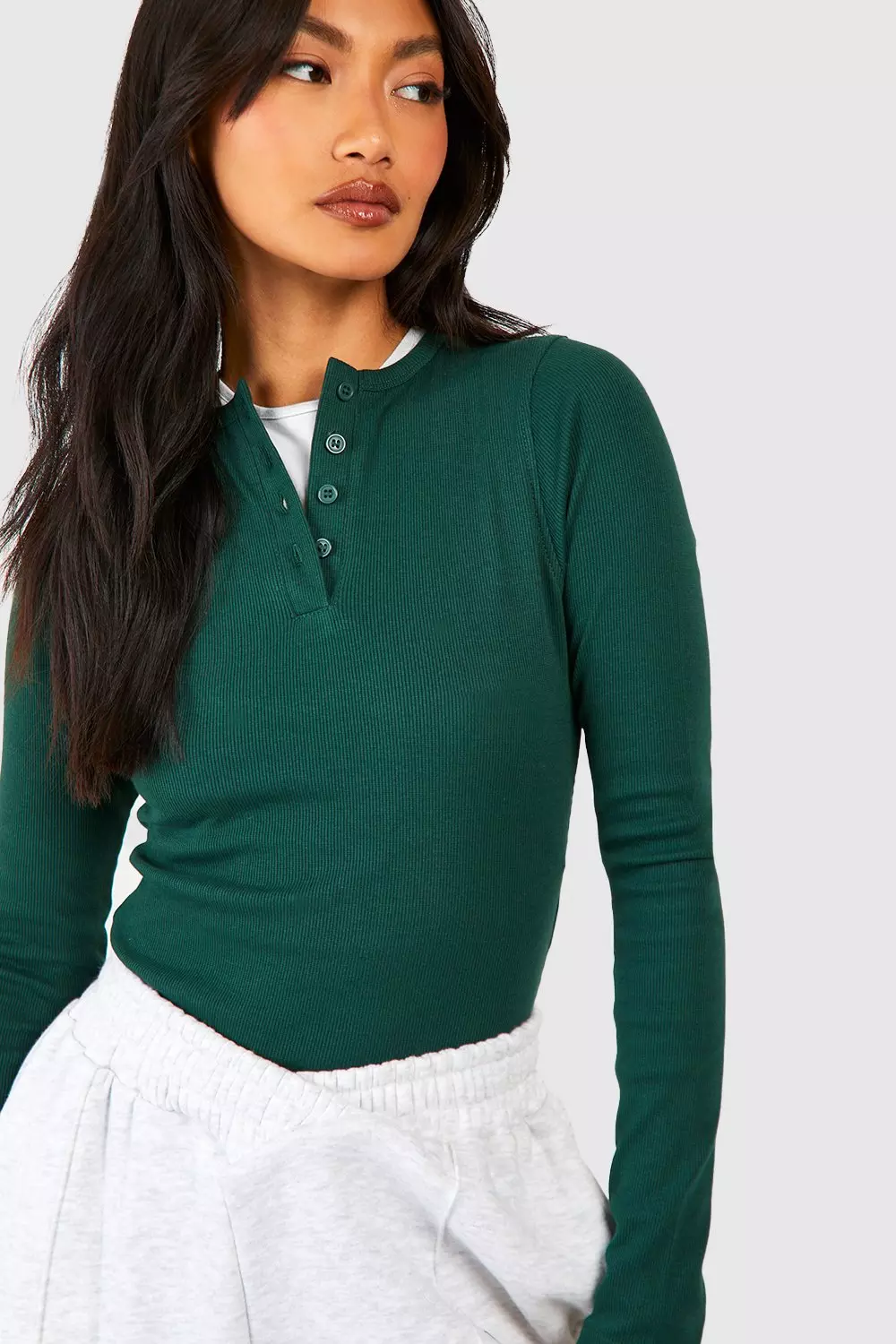 Forest Basic Rib Button Down Long Sleeve Bodysuit   alternative image