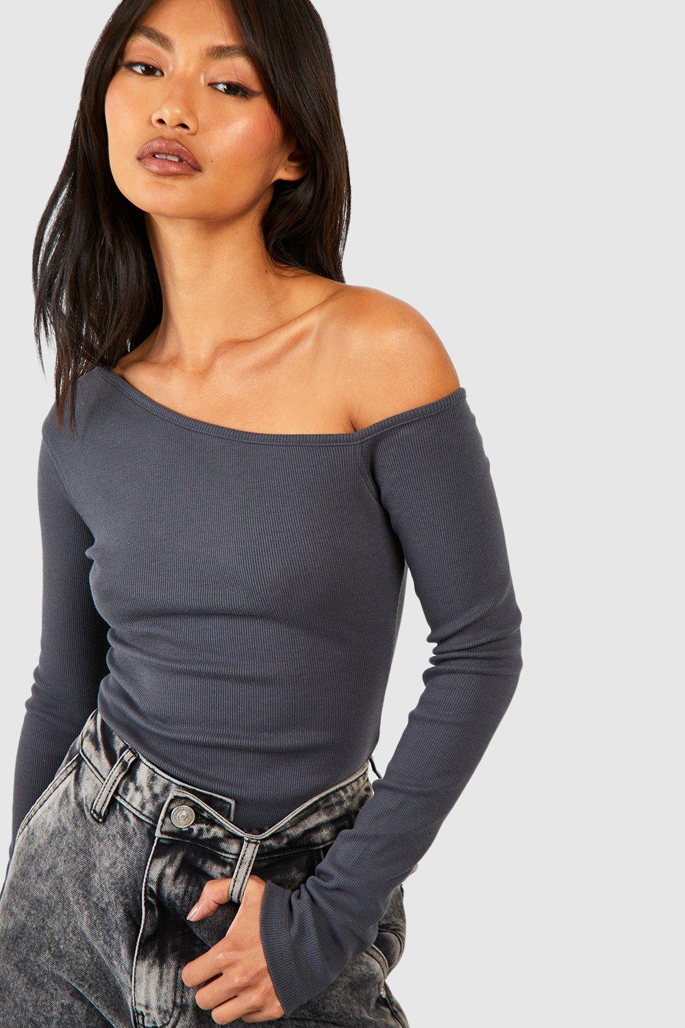 Buy Boohoo Ribbed Asymmetric Long Sleeves Bodysuit Top In COBALT