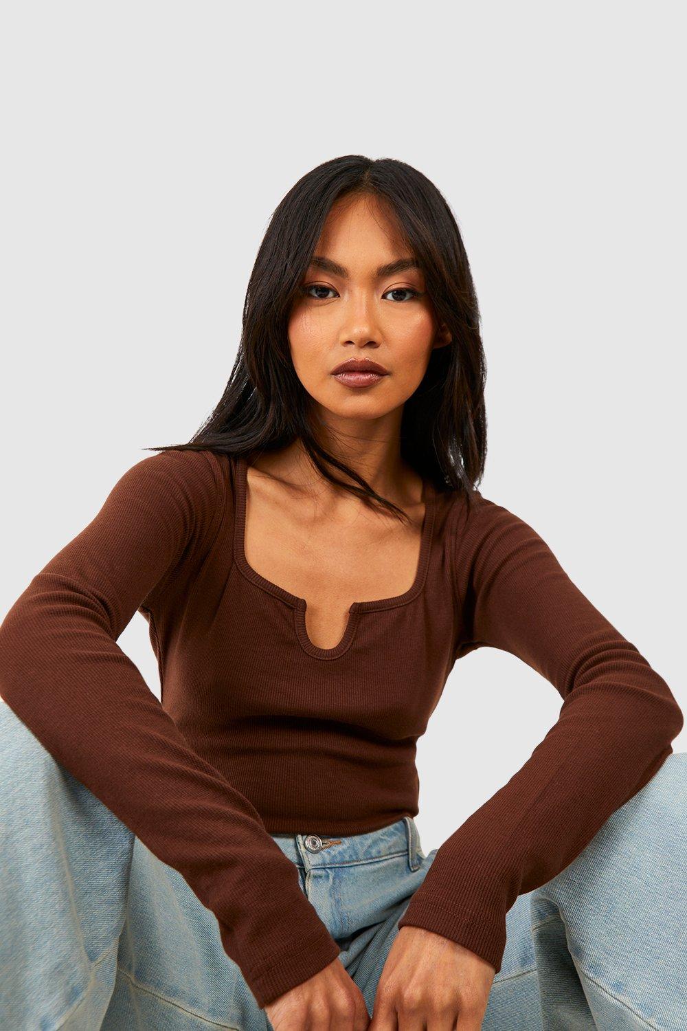 Rib Notch Neck Long Sleeve Bodysuit